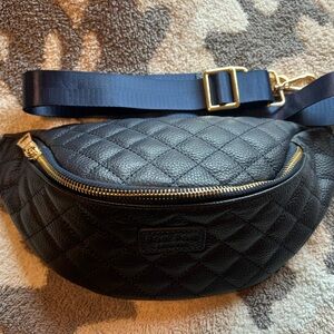 Leather Navy Blue Quilted Pom Pom Bum Bag with Gold Accents